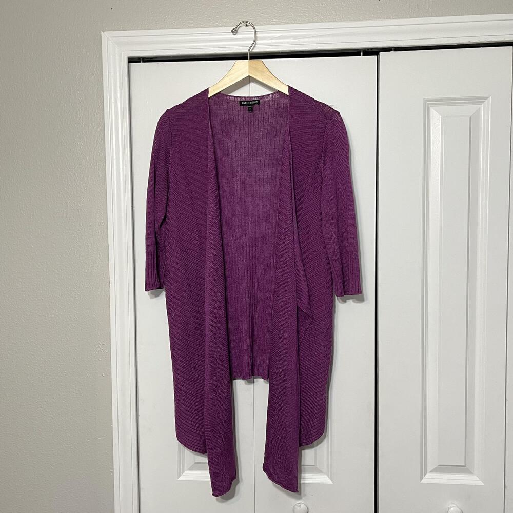Eileen Fisher Cardigan Sweater Womens Medium Purple Linen Silk Open Knit